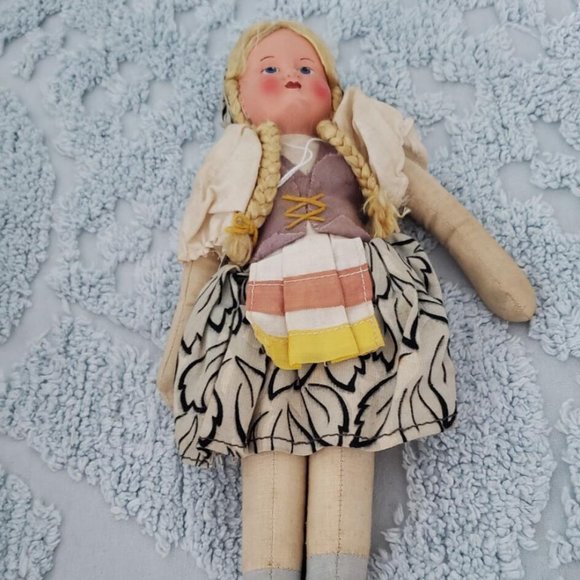 Vintage Polish/Poland Jointed Cloth Sawdust Doll Plastic Face Hair England - Picture 3 of 7